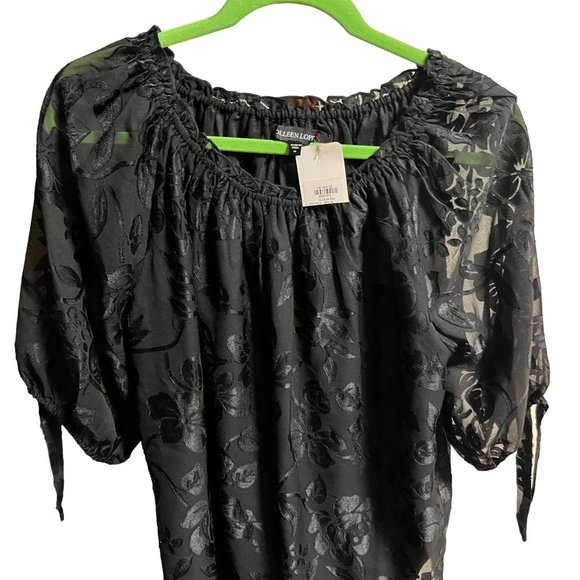 Colleen Lopez MED Black Semi Sheer Burnout Convertible Neck Blouson Top Ties NWT - Picture 2 of 9